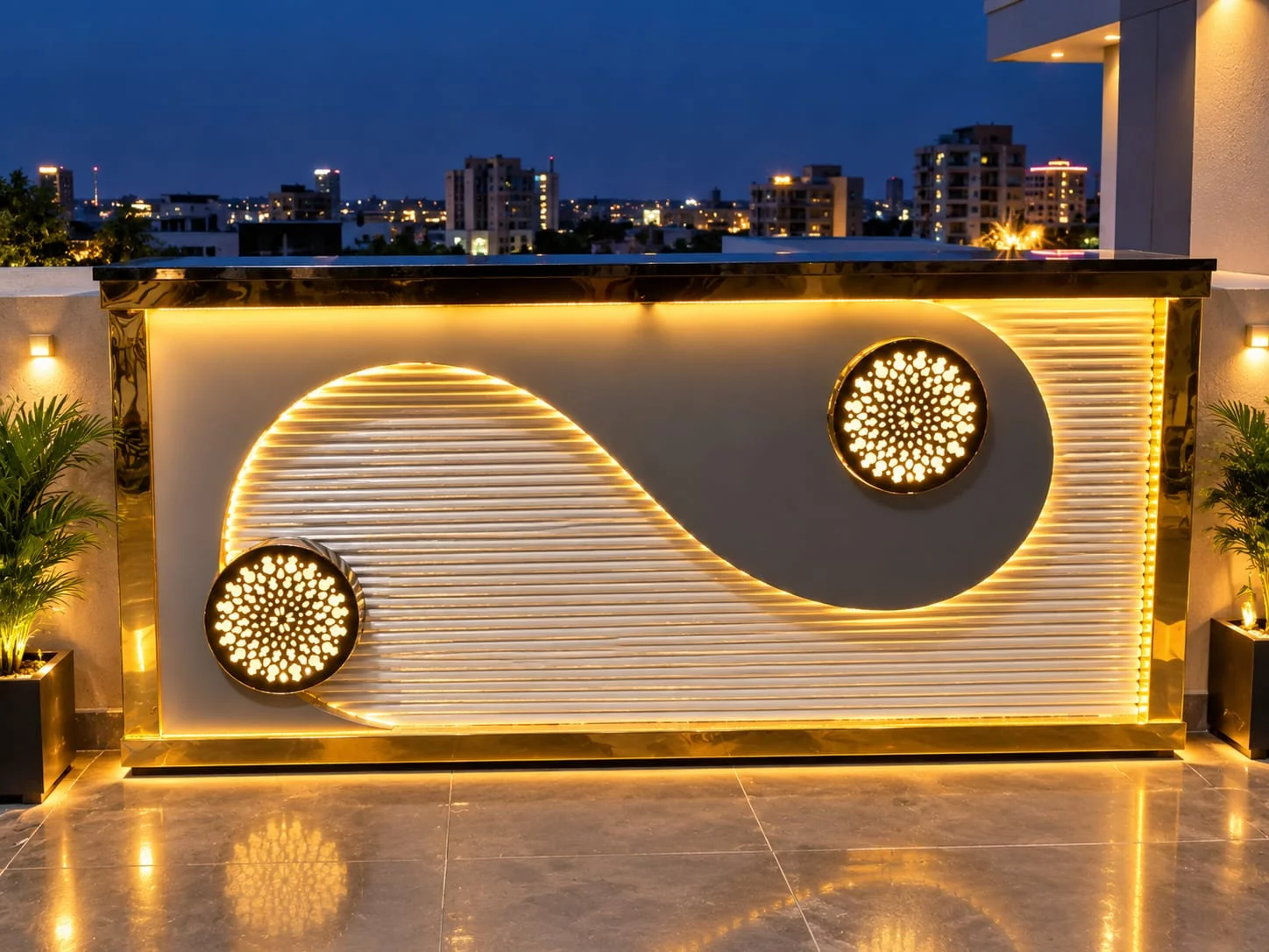 Festive catering service counter decorated with golden lights